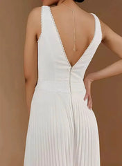 V Neck Sleeveless Floor Length Chiffon Wedding Jumpsuit with Pleats