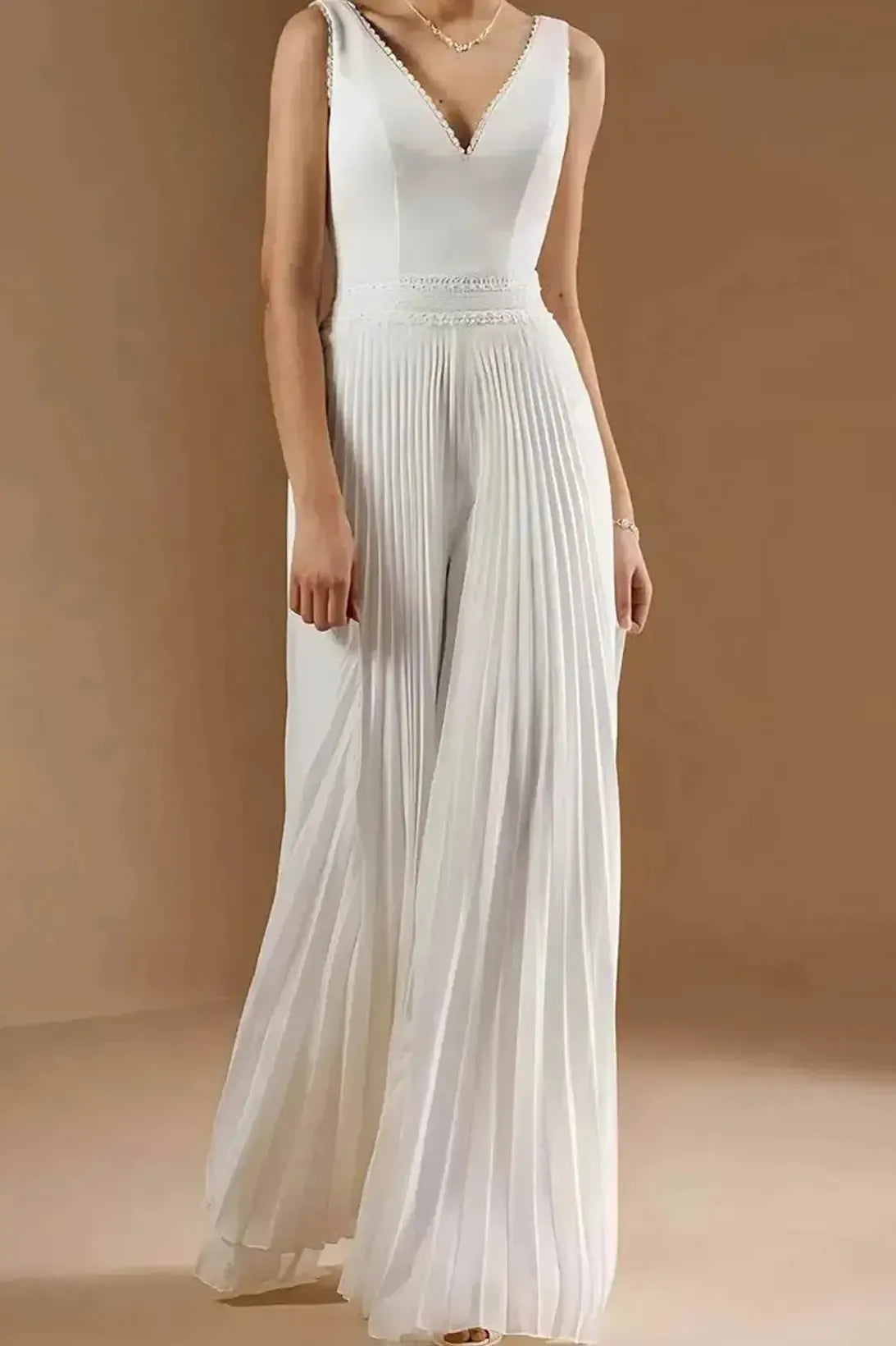 V Neck Sleeveless Floor Length Chiffon Wedding Jumpsuit with Pleats