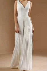 Dreamyannie V Neck Sleeveless Floor Length Chiffon Wedding Jumpsuit with Pleats