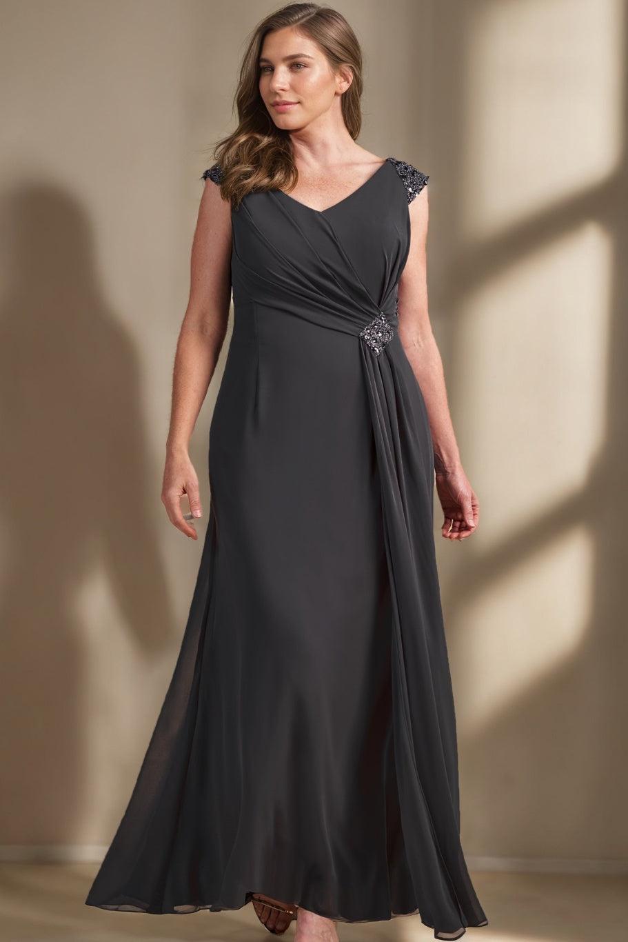 V-Neck Sleeveless Plus Size A-Line Princess Floor-Length Mother of the Bride Dress with Sequins and Ruffles