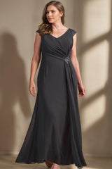 V-Neck Sleeveless Plus Size A-Line Princess Floor-Length Mother of the Bride Dress with Sequins and Ruffles