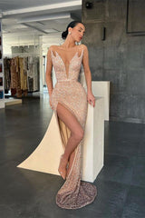 V Neck Sleeveless Sequins Mermaid Evening Dress with Split