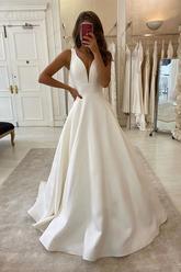 V Neck Wedding Dress A Line Satin Bridal Dress