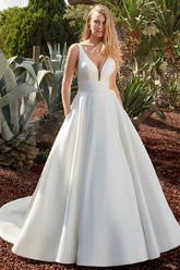 V-neck Satin Wedding Dresses With Open Back