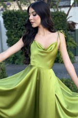 Vintage A Line Satin Off The Shoulder Sleeveless Green Prom Dress Formal Dress With Slit