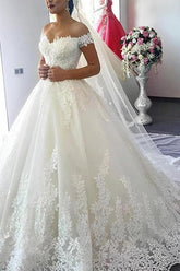 Vintage Ball-Gown Wedding Dresses Off-The-Shoulder Short Sleeves Tulle Lace Court Train