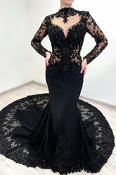 Vintage Black Prom Dress Mermaid Lace High Neck Sleeves Beaded Cathedral Train Satin Formal Dress