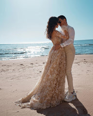 Vintage Long Sleeves Lace Beach Wedding Dress Mermaid Tulle Bridal Gown