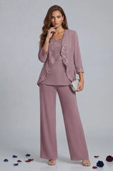 Dreamyannie Vintage Mauve V Neck 3 Piece Mother Of The Bride Pant Suits With Jacket