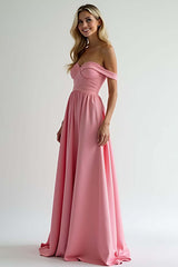 Watermelon A Line Satin Off The Shoulder Long Bridesmaid Dress
