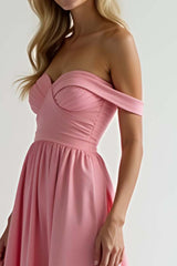 Watermelon A Line Satin Off The Shoulder Long Bridesmaid Dress