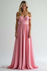 Watermelon A Line Satin Off The Shoulder Long Bridesmaid Dress