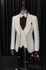 White 3 Piece Shawl Lapel Jacquard Wedding Suit for Men