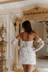 White 3D Floral Off-Shoulder Mini Wedding Dress with Sheer Sleeves