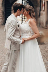 White Beach Wedding Dress A Line Lace Chiffon Sleeveless Backless Bridal Gown