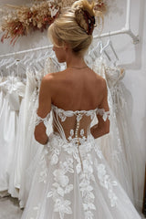 White Beach Wedding Dress A Line Lace Off The Shoulder Sleeveless Cathedral Train Tulle Bridal Gown With Appliques