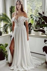 White Beach Wedding Dress A Line Off The Shoulder Bridal Gown With Slit