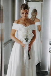 White Beach Wedding Dress A Line Off The Shoulder Split Front Lace Up Bridal Gown Panel Train