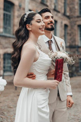 White Beach Wedding Dress A Line Spaghetti Strap Ruffle Sweep Train Satin Bridal Gown With Slit