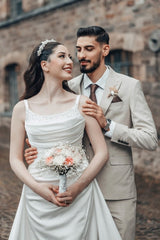 White Beach Wedding Dress A Line Spaghetti Strap Ruffle Sweep Train Satin Bridal Gown With Slit