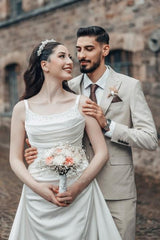 White Beach Wedding Dress A Line Spaghetti Strap Ruffle Sweep Train Satin Bridal Gown With Slit