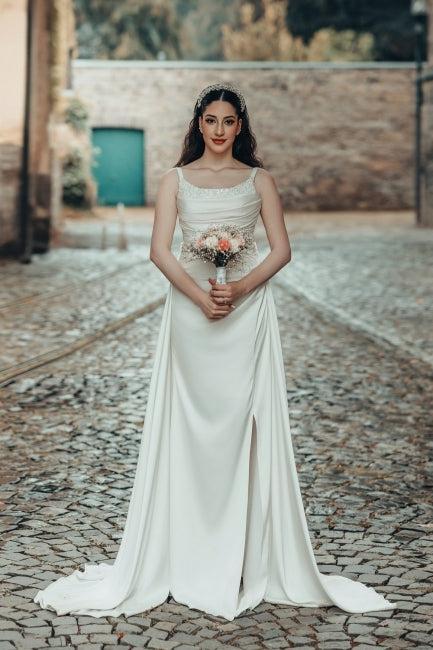 White Beach Wedding Dress A Line Spaghetti Strap Ruffle Sweep Train Satin Bridal Gown With Slit