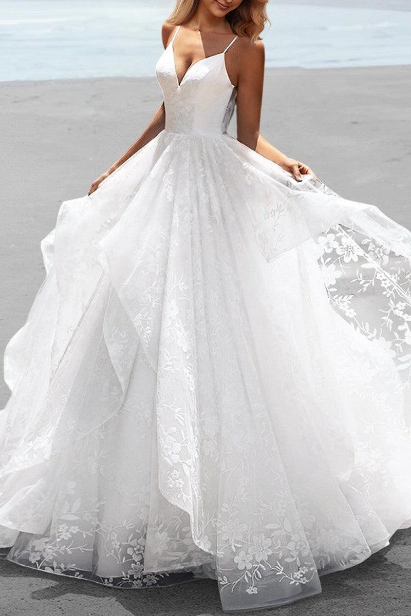 White Beach Wedding Dress A Line Spaghetti Straps Lace Tulle Bridal Dress