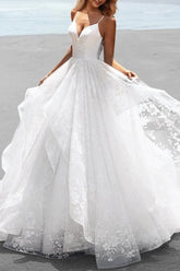 White Beach Wedding Dress A Line Spaghetti Straps Lace Tulle Bridal Dress