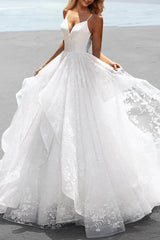 White Beach Wedding Dress A Line Spaghetti Straps Lace Tulle Bridal Dress