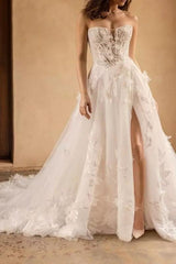 White Beach Wedding Dress A Line Strapless Appliques Bridal Dress with Slit