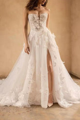 White Beach Wedding Dress A Line Strapless Appliques Bridal Dress with Slit