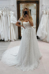 White Beach Wedding Dress A Line Strapless Off The Shoulder Sleeveless Beaded Tulle Bridal Gown With Pearls