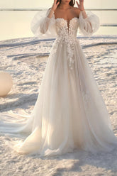 White Beach Wedding Dress A Line Tulle Off the Shoulder Long Sleeves Bridal Dress with Appliques