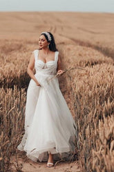 White Beach Wedding Dress A Line Tulle Sleeveless Bridal Gown With Lace