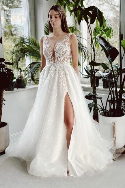 White Beach Wedding Dress A Line V Neck Lace Glitter Backless Bridal Gown With Slit
