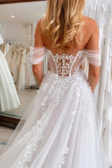 White Beach Wedding Dress A Line V Neck Off The Shoulder Sleeveless Tulle Bridal Gown With Appliques