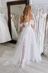 White Beach Wedding Dress A Line V Neck Off The Shoulder Sleeveless Tulle Bridal Gown With Appliques
