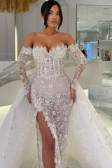 White Beach Wedding Dress Column Sweetheart Off The Shoulder Sleeves Panel Train Lace Bridal Gown With Slit
