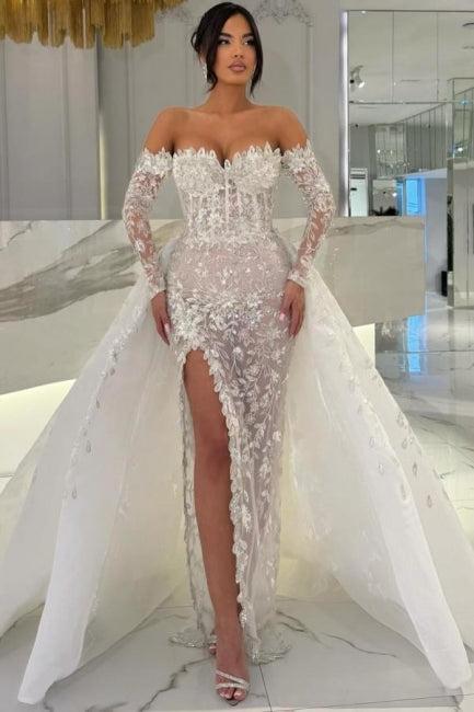 White Beach Wedding Dress Column Sweetheart Off The Shoulder Sleeves Panel Train Lace Bridal Gown With Slit