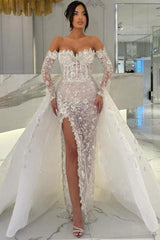 White Beach Wedding Dress Column Sweetheart Off The Shoulder Sleeves Panel Train Lace Bridal Gown With Slit