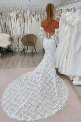 White Beach Wedding Dress Lace Mermaid Sweetheart Off The Shoulder Sleeves Cathedral Train Bridal Gown