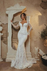 White Beach Wedding Dress Mermaid Portrait Sweetheart Sleeve Lace Bridal Gown