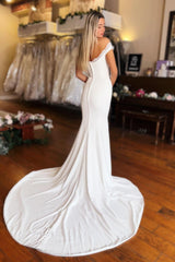 White Beach Wedding Dress Mermaid Strapless Off The Shoulder Front Split Satin Bridal Gown With Lace