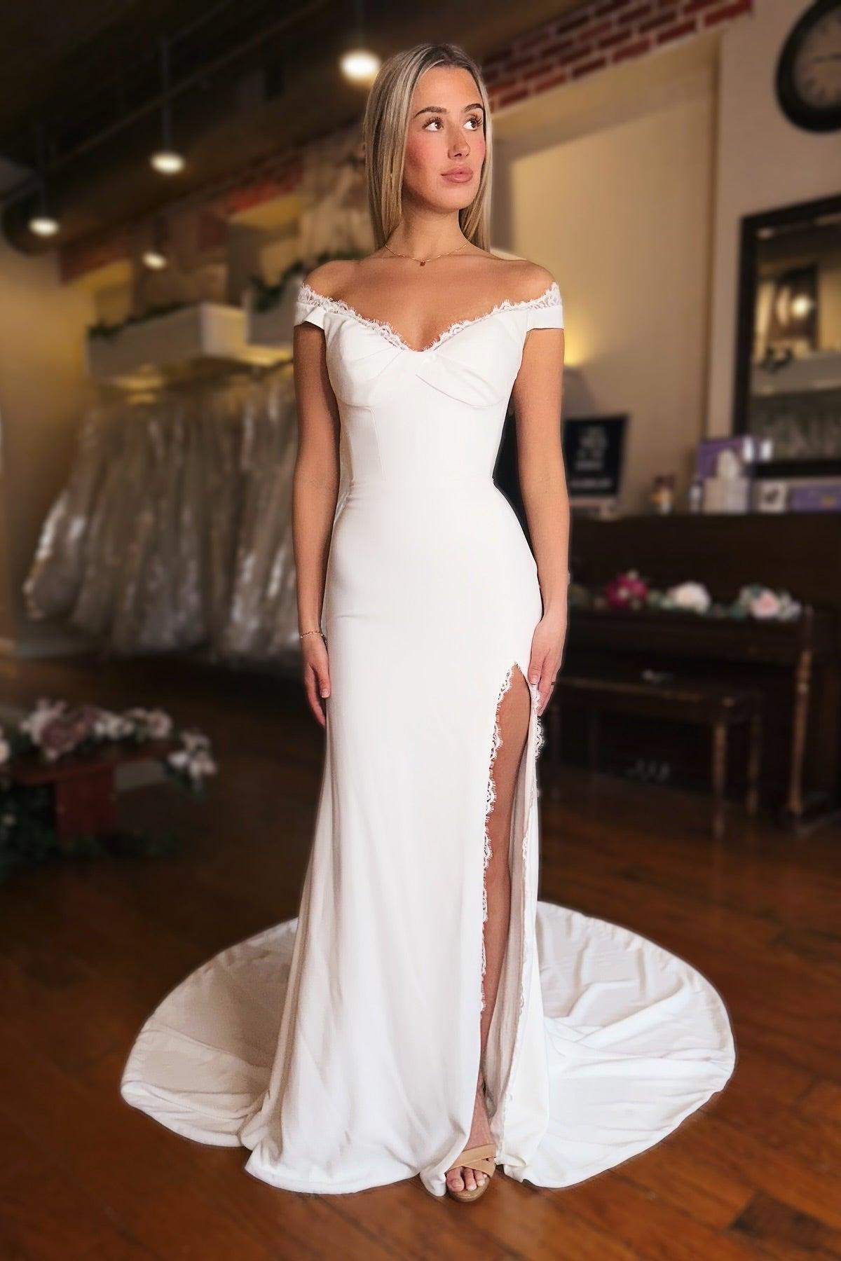 White Beach Wedding Dress Mermaid Strapless Off The Shoulder Front Split Satin Bridal Gown With Lace