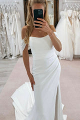 White Beach Wedding Dress Mermaid Strapless Off The Shoulder Sleeveless Chapel Train Satin Bridal Gown With Slit