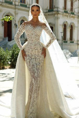 White Beach Wedding Dress Mermaid Sweetheart Off The Shoulder Sleeves Detachable Panel Train Lace Bridal Gown
