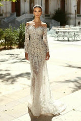 White Beach Wedding Dress Mermaid Sweetheart Off The Shoulder Sleeves Detachable Panel Train Lace Bridal Gown