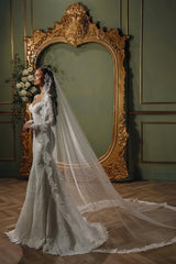 White Beach Wedding Dress Mermaid V Neck Sleeves Beaded Sweep Train Lace Bridal Gown