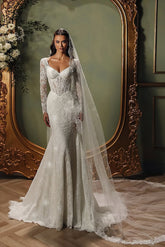 White Beach Wedding Dress Mermaid V Neck Sleeves Beaded Sweep Train Lace Bridal Gown