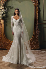 White Beach Wedding Dress Mermaid V Neck Sleeves Beaded Sweep Train Lace Bridal Gown